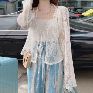 Set Of 3: Long-sleeve Lace Panel Lace-up Cardigan + Lace Panel Camisole Top + High-waist Printed Wide-leg Pants