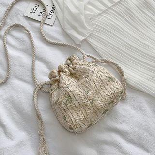 Floral Embroidered Drawstring Woven Crossbody Bag