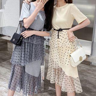 Short-sleeve Dotted Mesh Panel T-shirt Dress