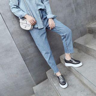 Genuine Leather Square Pattern Hidden Wedge Platform Loafers