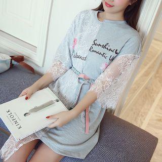 Lace Trim Floral Print Elbow Sleeve T-shirt Dress
