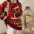 Long-sleeve Christmas Print Knit Sweater Red - One Size