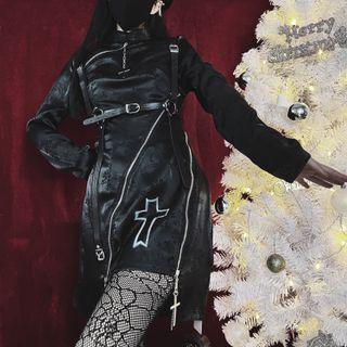 Long-sleeve Cross A-line Dress / Belt / Set