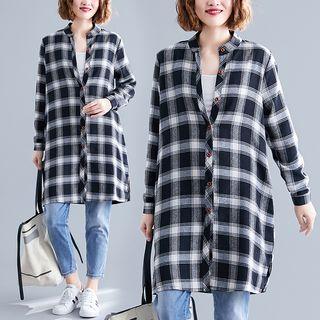 Plaid Stand-collar Medium Long Shirt