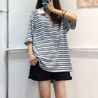 Short-sleeve Striped Polo Shirt Blue & White - One Size