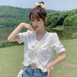 Floral Frill Trim V-neck Drawstring Blouse