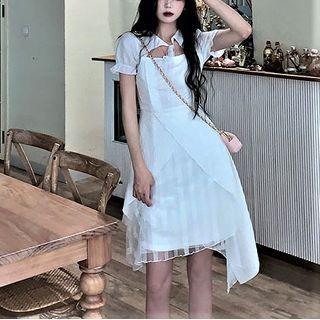 Puff-sleeve Asymmetrical Mesh A-line Dress