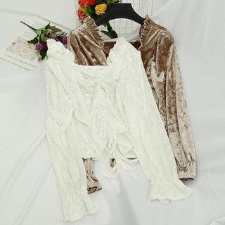 Ruched Front Frilled Trim Velvet Top