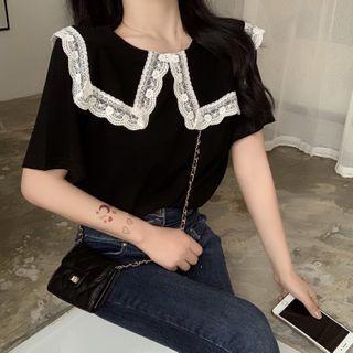 Lace-trim Collar Short-sleeve Blouse