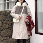 Color Block Hooded Padded Coat Gray Beige - One Size