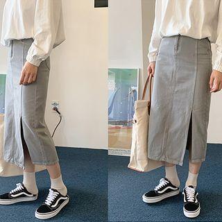 Slit-front Long H-line Denim Skirt