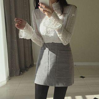 Mock-turtleneck Flared Cuff Lace Top