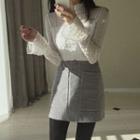 Mock-turtleneck Flared Cuff Lace Top