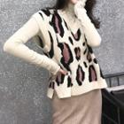 V-neck Leopard Pattern Knit Vest / Cropped Denim Jacket / Turtleneck Long-sleeve T-shirt