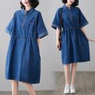 Elbow-sleeve Drawstring Denim A-line Dress