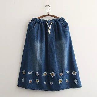 Drawstring Washed Denim A-line Skirt