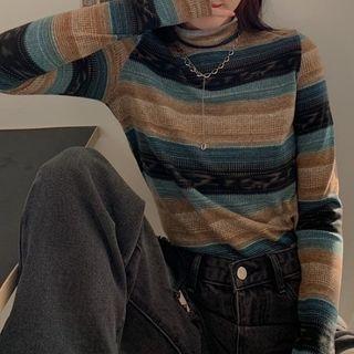 Long-sleeve Mock-neck Striped Top Stripes - Blue & Brown - One Size