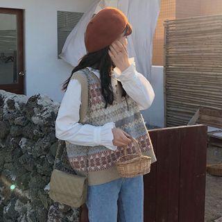 Plain Long-sleeve Blouse / Pattern Knit Vest