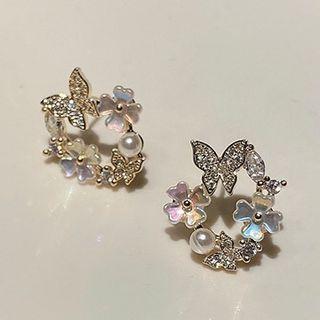 Flower & Butterfly Rhinestone Earring 1 Pair - 925 Silver Needle - Gold - One Size