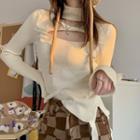 Long-sleeve Mock-neck Cutout Knit Crop Top