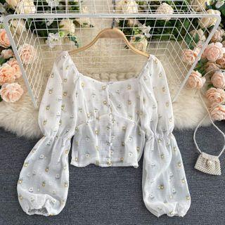 Square-neck Puff-sleeve Floral Top