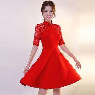 Lace Panel Short Sleeve Mandarin Collar A-line Evening Dress