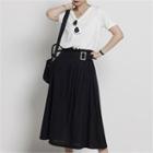 Belted Pleated Long Flare Skirt
