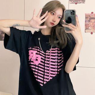 Elbow-sleeve Chained Lettering Print T-shirt