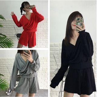 Set: Plain Long Sleeve Wrap Top + Drawstring Skort