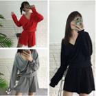 Set: Plain Long Sleeve Wrap Top + Drawstring Skort