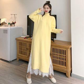 Plain Turtle-neck Long-sleeve Loose-fit Knit Dress / Lace Dress