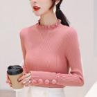 Long-sleeve Frill Trim Plain Knit Top