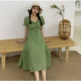 Short-sleeve Plaid Drawstring A-line Midi Dress Plaid - Green & White - One Size