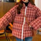 Hooded Padded Plaid Zip Jacket As Shown In Figure - One Size