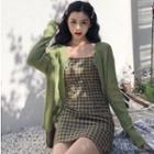 Plaid Spaghetti Strap A-line Dress / Plain Cardigan
