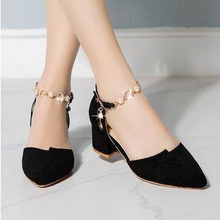 Faux Suede Rhinestone Ankle Strap Dorsay Block Heel Pumps