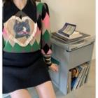Plain Mini Skirt / Cat Print Argyle Sweater