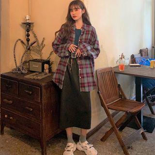 Plaid Shirt / Faux Leather Midi Skirt