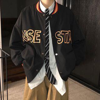 Contrast-trim Embroidered Baseball Jacket
