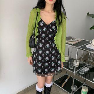Frill Trim Cardigan / Spaghetti Strap Floral Print Mini Sheath Dress