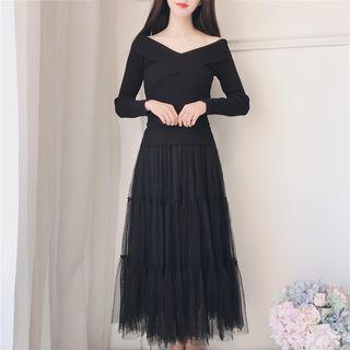 Long-sleeve Knit Panel Midi A-line Mesh Dress