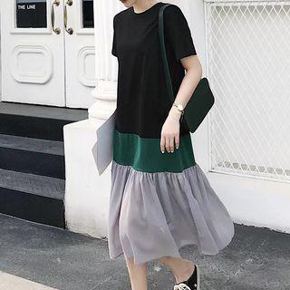 Short-sleeve Color Block Midi T-shirt Dress Black - One Size