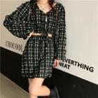 Long-sleeve Check Crop Top / Mini A-line Skirt