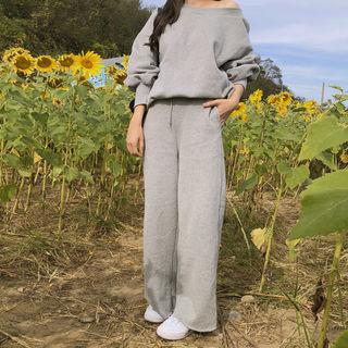 Set: Off-shoulder Boxy Sweatshirt + Wide-leg Pants Melange Gray - One Size
