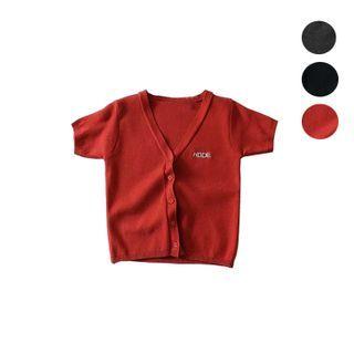 Short-sleeve Lettering Embroidered Buttoned Knit Top