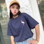 Flamingo Embroidered Elbow-sleeve T-shirt