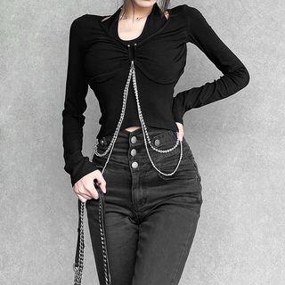 Mock Two-piece Long-sleeve Halter Chained Crop Top