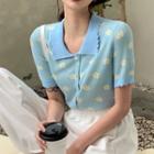 Short-sleeve Floral Print Polo Knit Top Blue - One Size