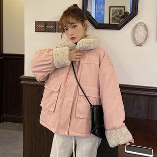 Front Pocket Furry Trim Button Zip Jacket