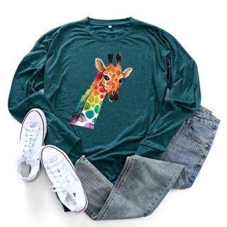 Giraffe Print Round-neck Long-sleeve T Shirt